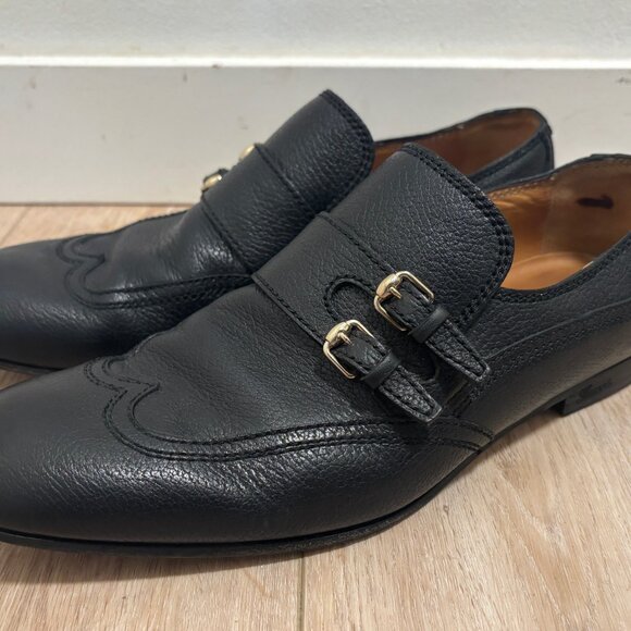$1200 Gucci Wingtip Double Monk Black Leather Loafers / Shoes - 10 - Picture 1 of 12
